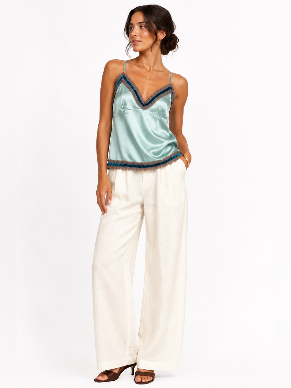 Gold Hawk Blue Grotto Silk Velvet Trim Cami Top Medium NWT